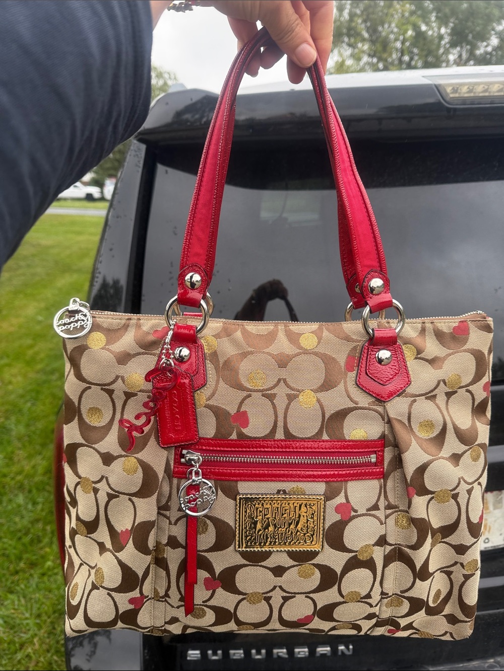 🌺❤️Coach Poppy Glam Tote 16289 Hearts Gold Dot Signature Canvas Red Leather Y2K🤎 - Picture 4 of 15